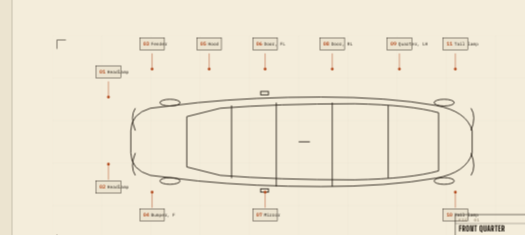 DerbyDay intake sheet — VIN-decoded vehicle diagram with priced parts callouts