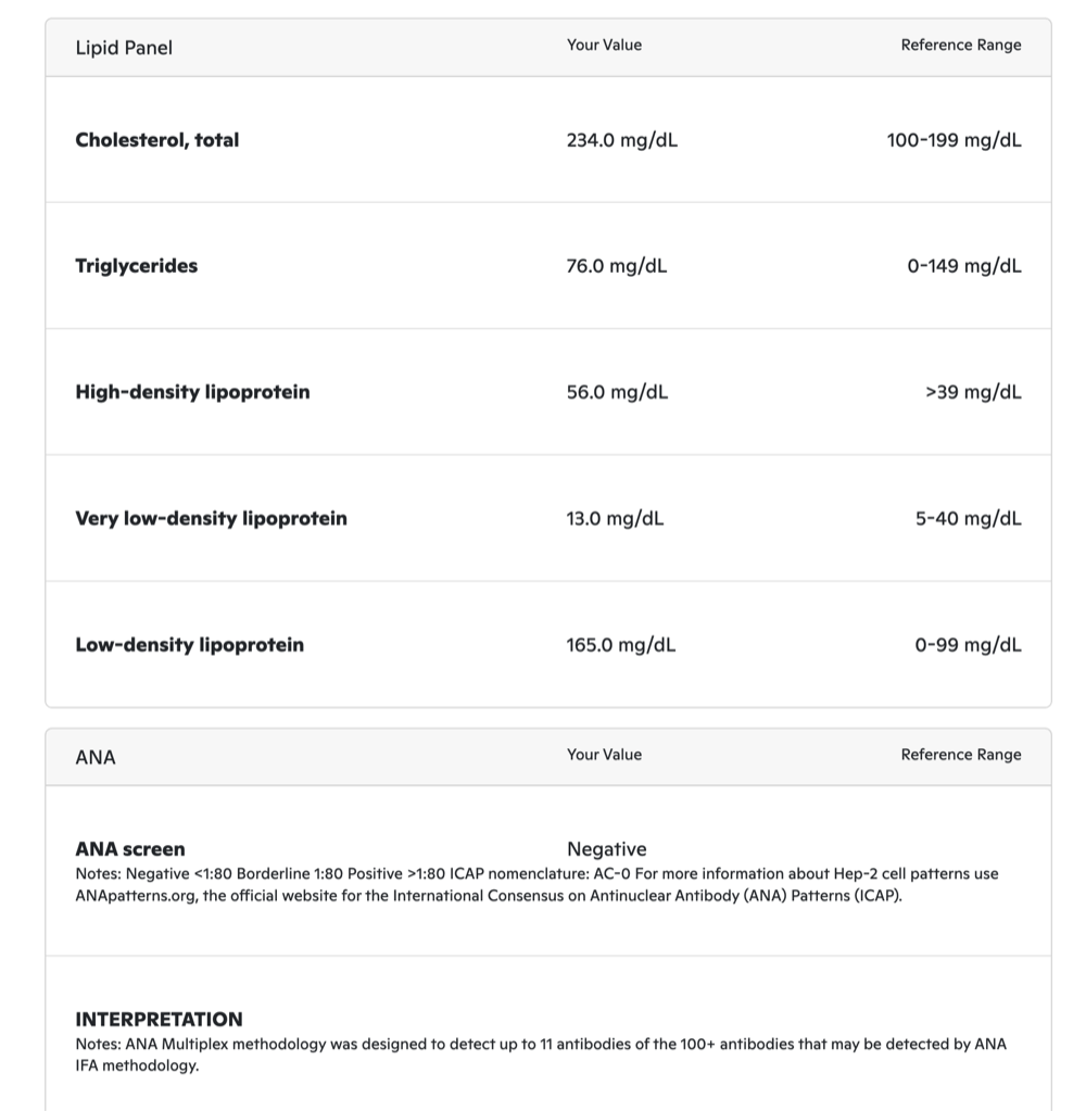 One Medical lab results — a lipid panel and ANA screen with values and reference ranges