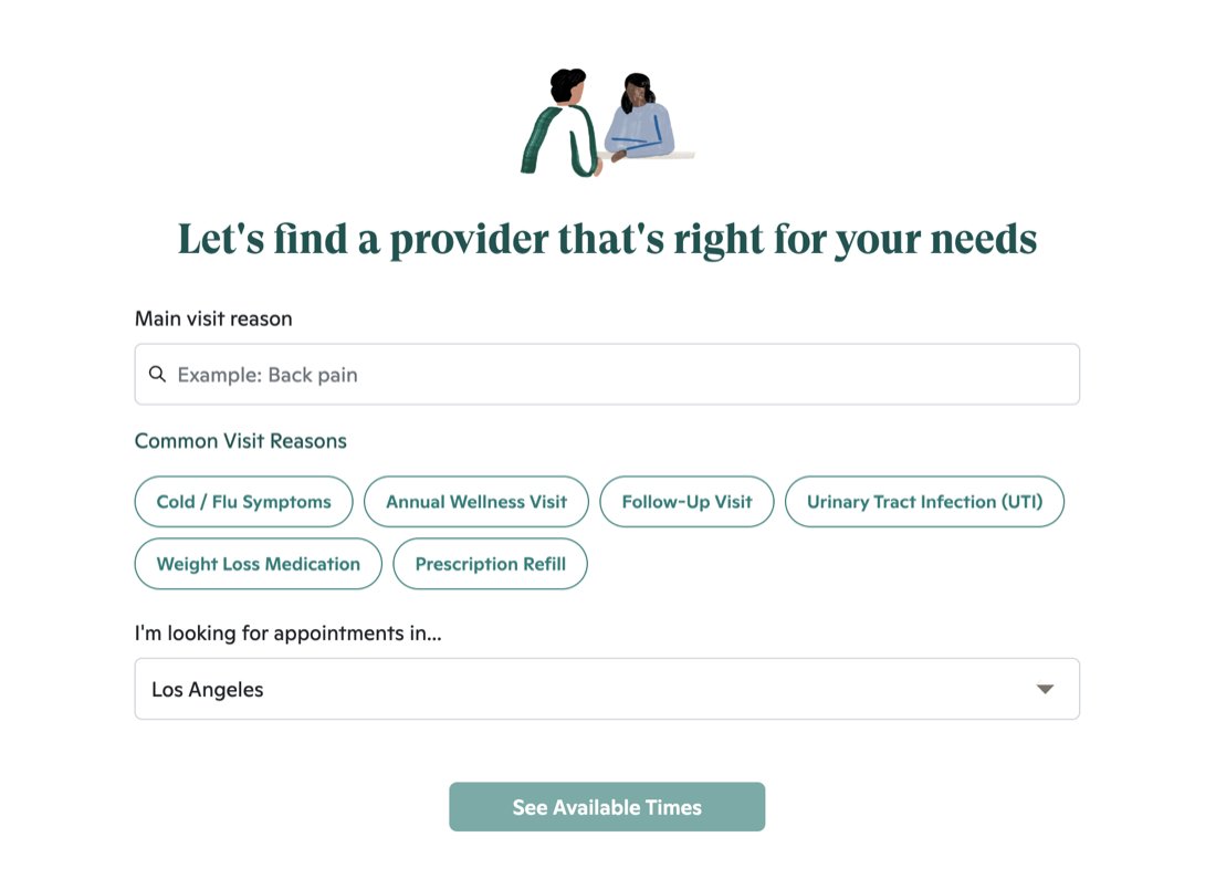 One Medical — Let's find a provider that's right for your needs: main visit reason and common visit reasons