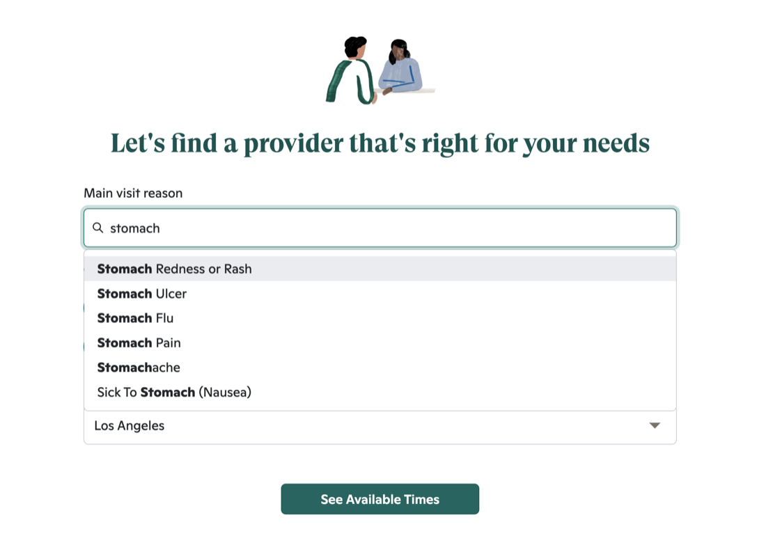 One Medical visit-reason field with a live typeahead surfacing specific complaints as the patient types