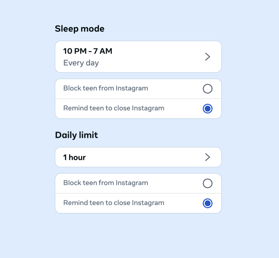 Teen controls — sleep mode set to 10 PM to 7 AM and a one-hour daily limit, with reminders rather than hard blocks