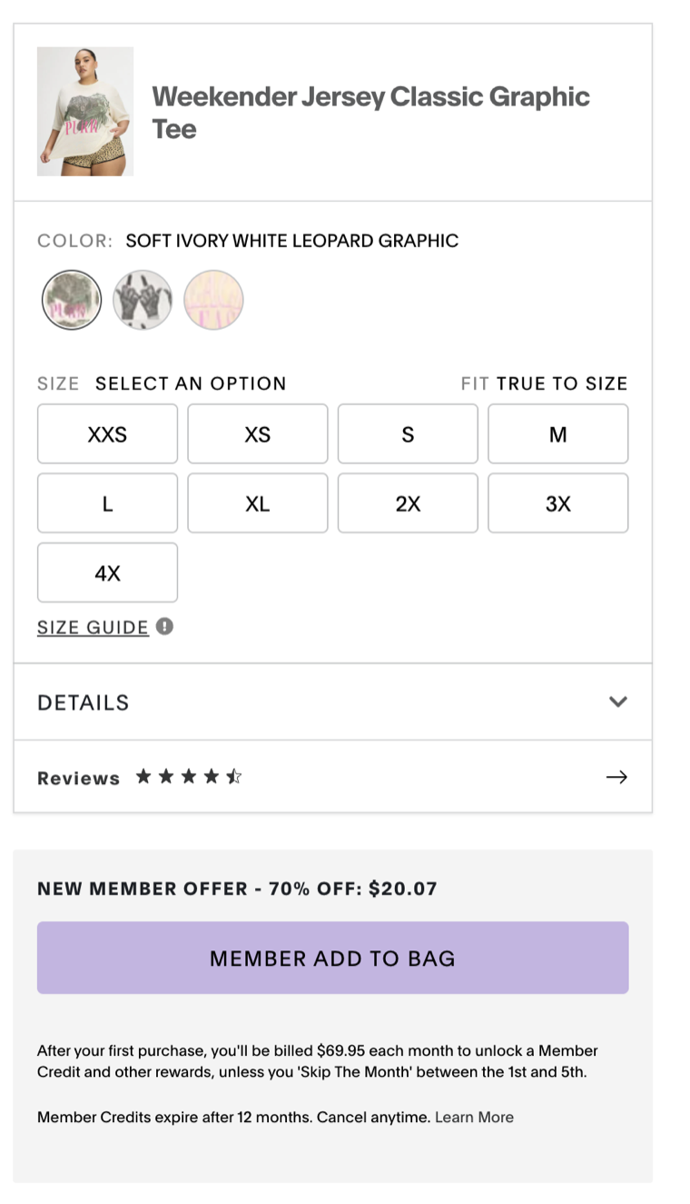 Savage X Fenty set priced as a member offer with transparent VIP billing terms and a 'Skip The Month' option