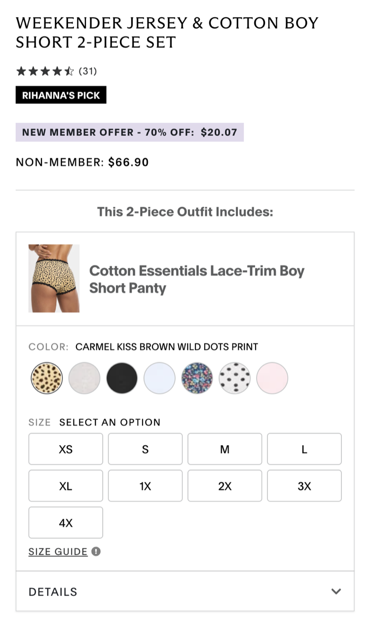 Savage X Fenty two-piece set with an independent size selector for each item and an XS–4X range